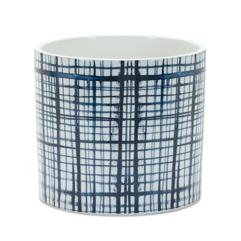 HomeRoots Set of Two White And Blue Ceramic Lattice 2 Ounce Round Pot Planters - 4' X '3.5' X '4