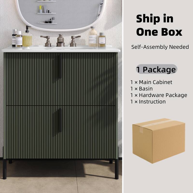 30" Bathroom Vanity with Ceramic Sink and Full-Extension Drawers, Soft Close Undermount Drawer Slides, Fluted Design