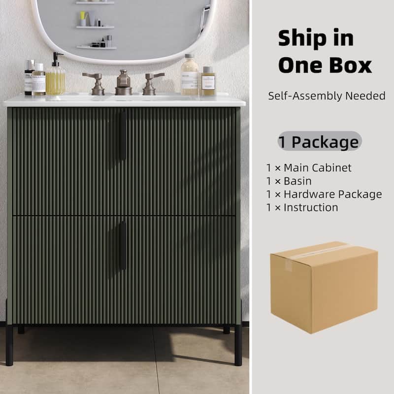 Fluted Bathroom Vanity with Ceramic Sink, Freestanding Bathroom Storage Cabinet, Bathroom Vanities with Full-Extension Drawers
