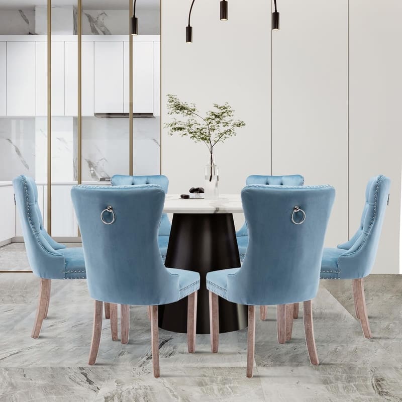Tufted Naliheads Solid Wood Upholstered Dining Chairs Set of 6 - LightBlue RubberWoodLegs