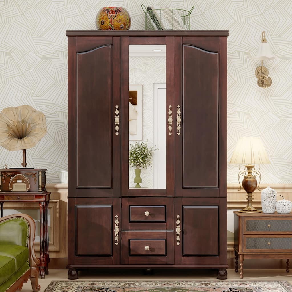 100% Solid Wood Walnut Armoire Wardrobe Closet with Drawers and Hanging Rod, Farmhouse Style 3-Door Wardrobe Closet with Mirror