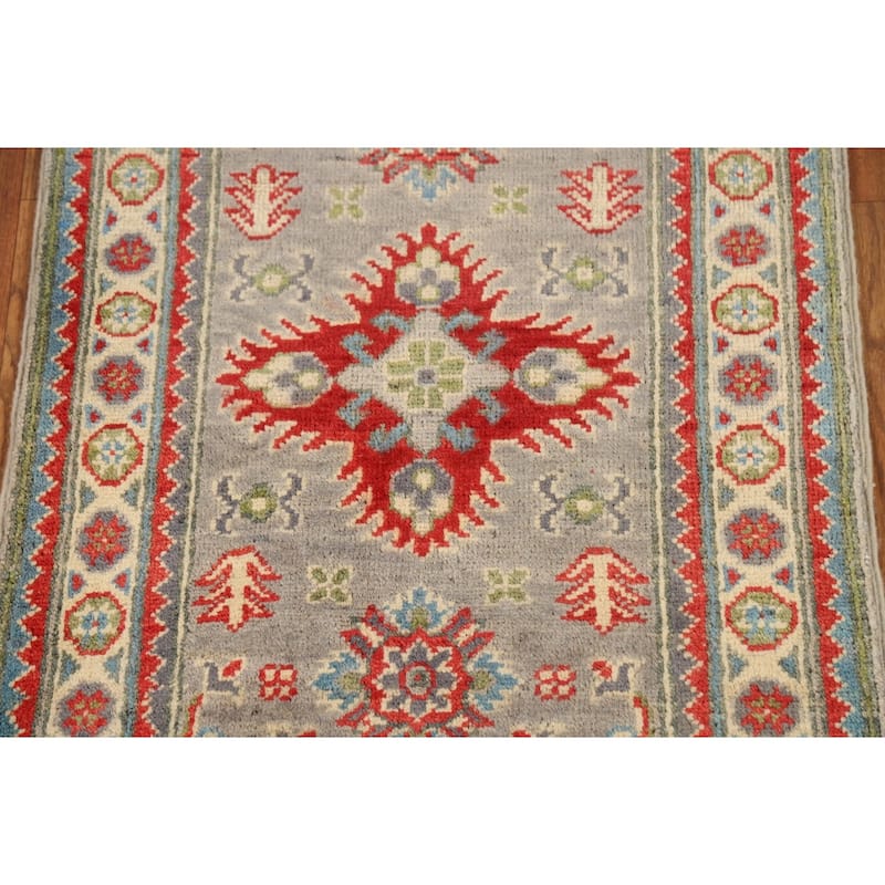 Geometric Kazak Oriental Foyer Rug Hand-Knotted Grey Wool Carpet - 2'0" x 3'0"