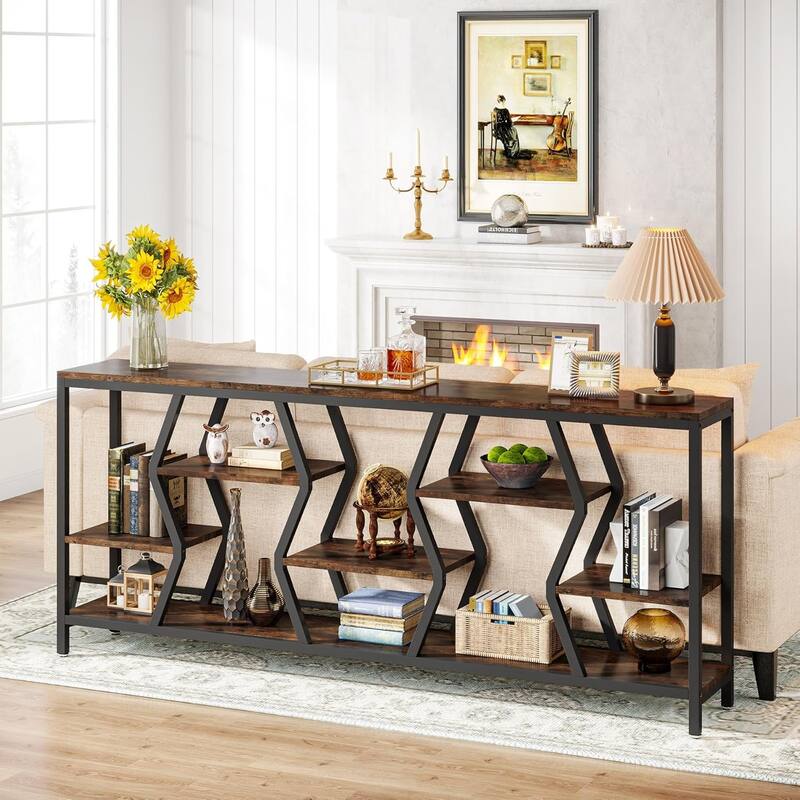 70.9" Industrial Sofa Console Table with 4 Tier Wood Storage Shelves for Hallway, Living Room, Foyer - Rustic Brown