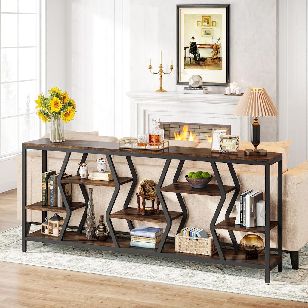70.9" Industrial Sofa Console Table with 4 Tier Wood Storage Shelves for Hallway, Living Room, Foyer