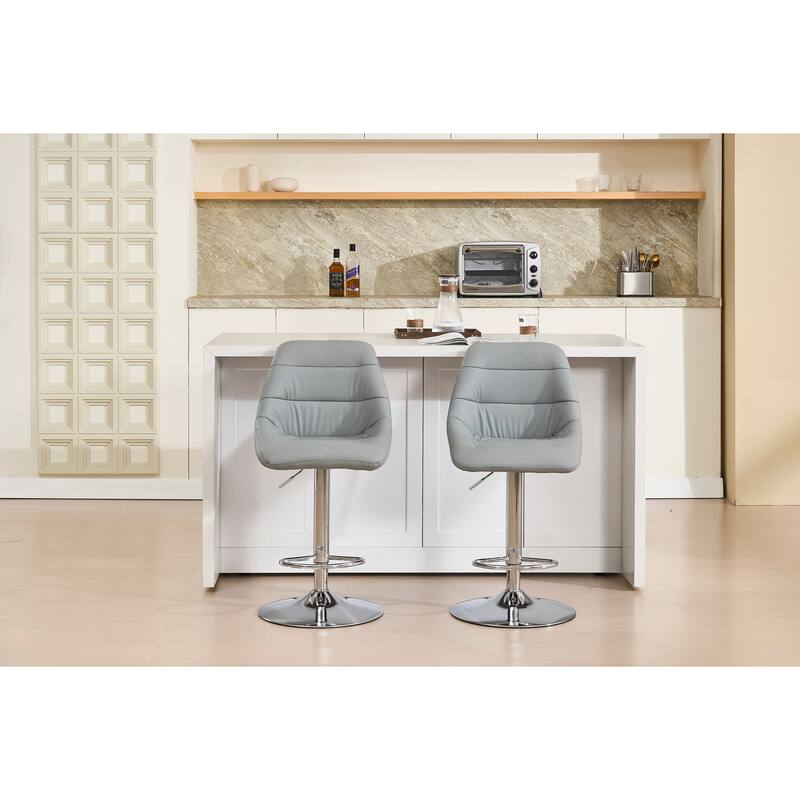 Set of 2 Bar Stools, with Chrome Footrest and Base Swivel Height Adjustable Mechanical Lifting Velvet - Grey
