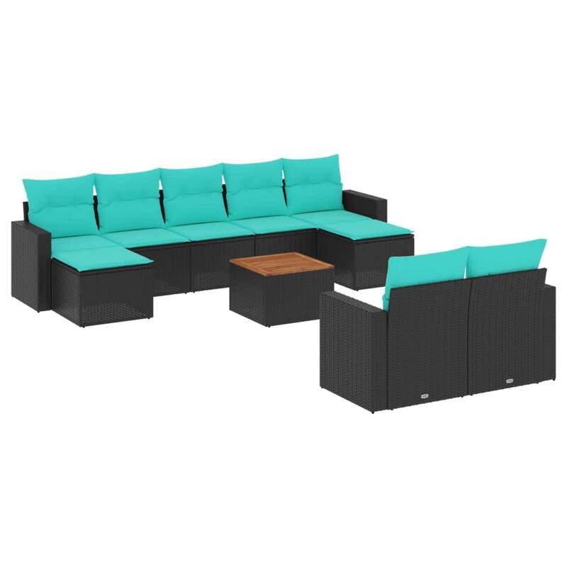 vidaXL 10 Piece Patio Sofa Set with Cushions Black Poly Rattan - 21.7 x 24.4 x 27.2