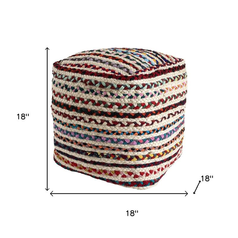 HomeRoots 18" Natural and Rainbow Braided Jute Blend Striped Pouf Ottoman
