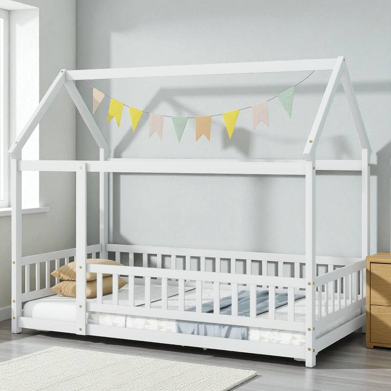 Twin Size Wooden House Floor Bed with Roof Frame and Safety Guardrails, Solid Rubber Wood Montessori Bed for Kids - White - Twin