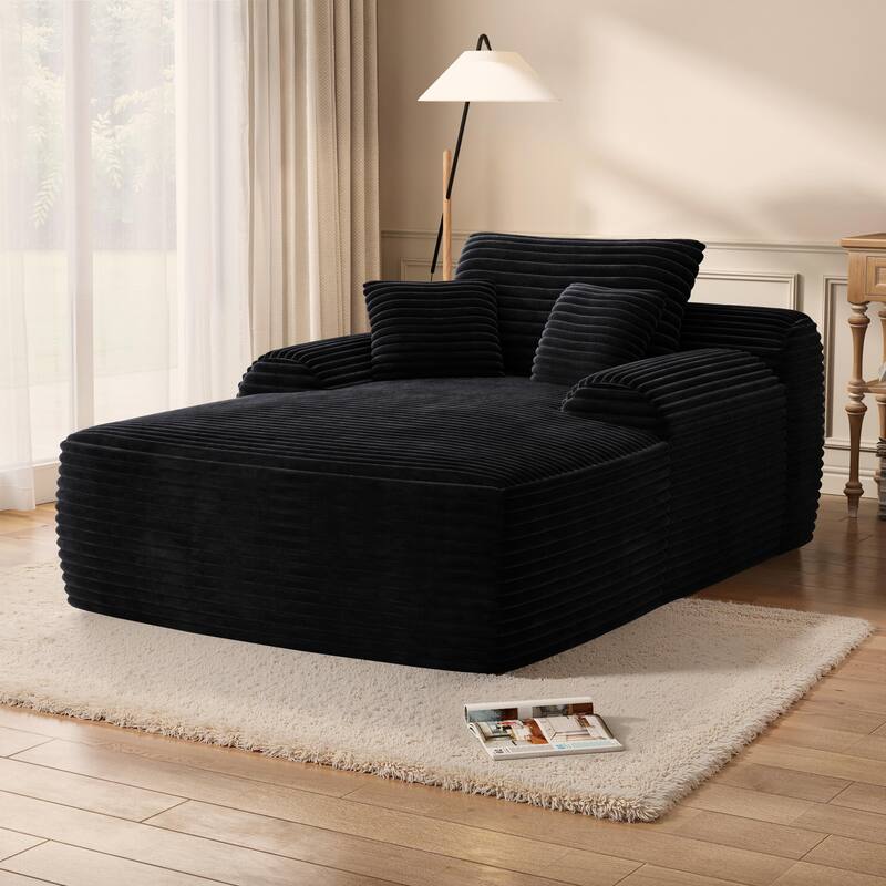 Corduroy Black Oversized Upholstered Sleeper Chaise Lounge Chair, No Assembly Required