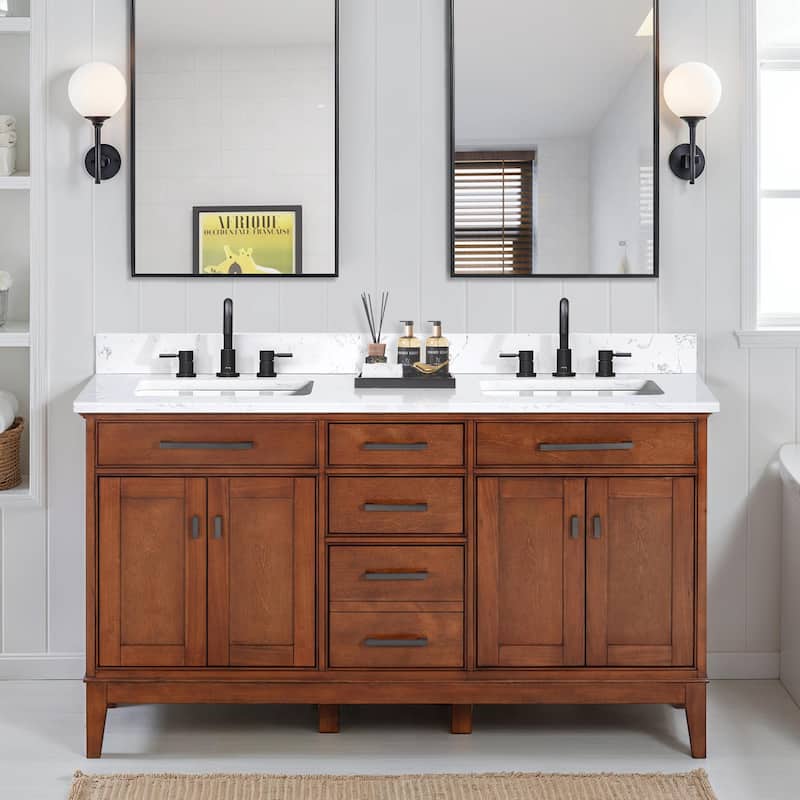 Madison 60 in. Double Sink Bathroom Vanity with Engineered Stone Top - 61" x 22"D x 35"H - Tobacco