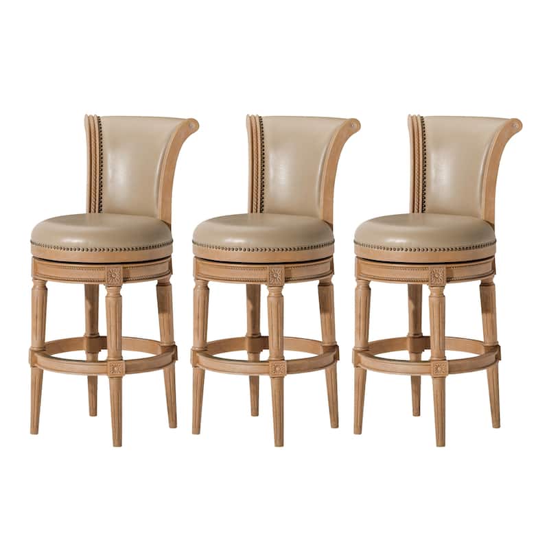 Maven Lane 31" Pullman Swivel Bar Height Kitchen Stool - Set of 3 - Weathered Oak Vegan Leather