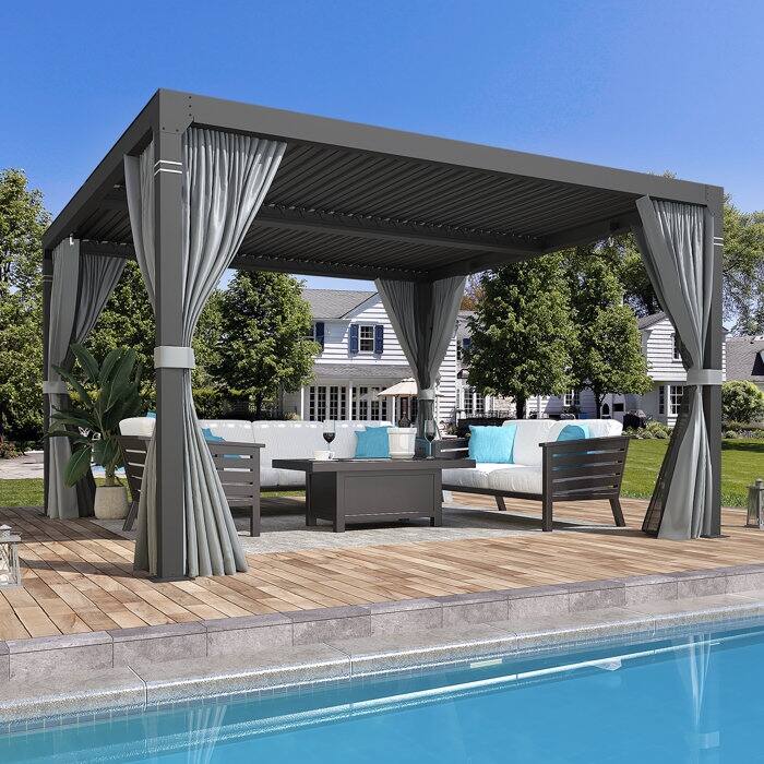Outdoor Louvered Pergola, Outdoor Patio Hardtop Gazebo, Adjustable Metal Roof Curtains and Netting Included - 10' x 10' - Black