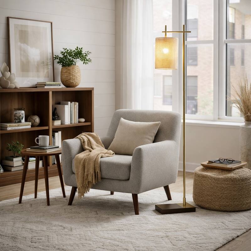 Gattie Brass Floor Lamp with Rattan Shade and Rectangular Base