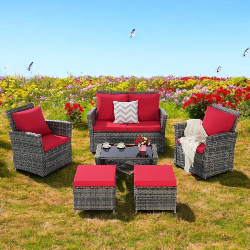 6-Piece Wicker Patio Furniture Set with Cushions & Coffee Table & Ottomans, Sofa for Outdoor Garden, Patio, or Balcony
