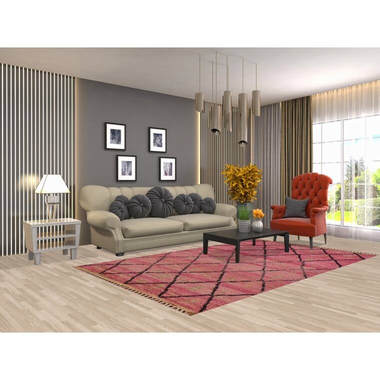 Pink Trellis Plush Moroccan Area Rug Handmade Wool Carpet - 5'3" x 8'10"