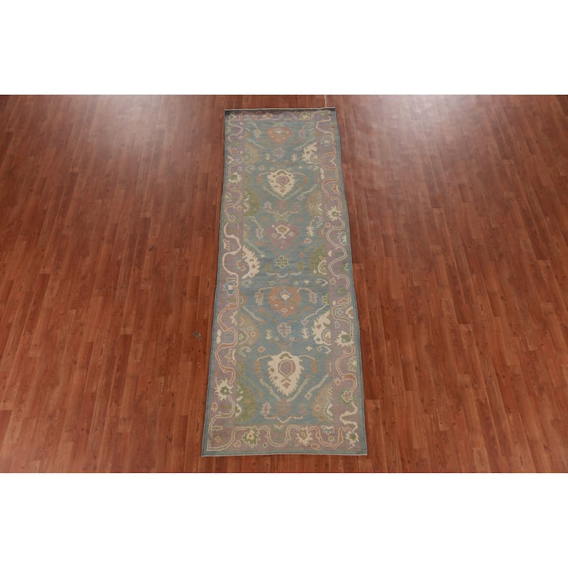 Hand Knotted Oriental 100% Wool Carpet Transitional All-Over Navy Blue & Blues Oushak Runner Rug - 9' 9'' X 3' 3''