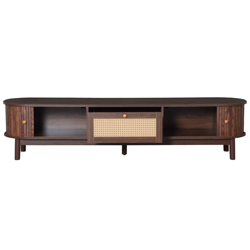 Modern TV Stand Media Console, for 75" TVs with Rattan-Front Drawer and 2 Sliding-Door Cabinets, for Living Room