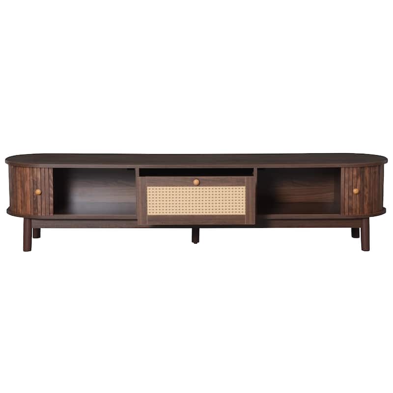 Wood TV Stand for 75" TVs, Media Console TV Cabinet with Rattan-Front Drawer 1 Drawer and 2 Sliding-Door Cabinets