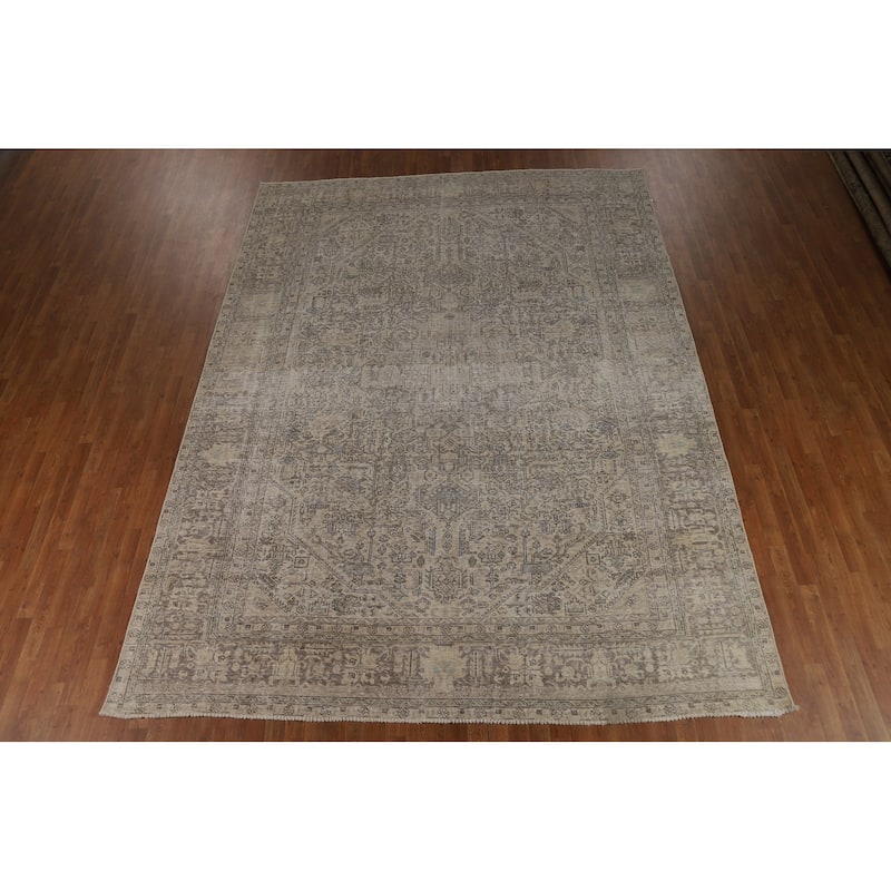 Geometric Tabriz Persian Vintage Rug Hand-Knotted Beige Wool Carpet - 9'1" x 12'4"