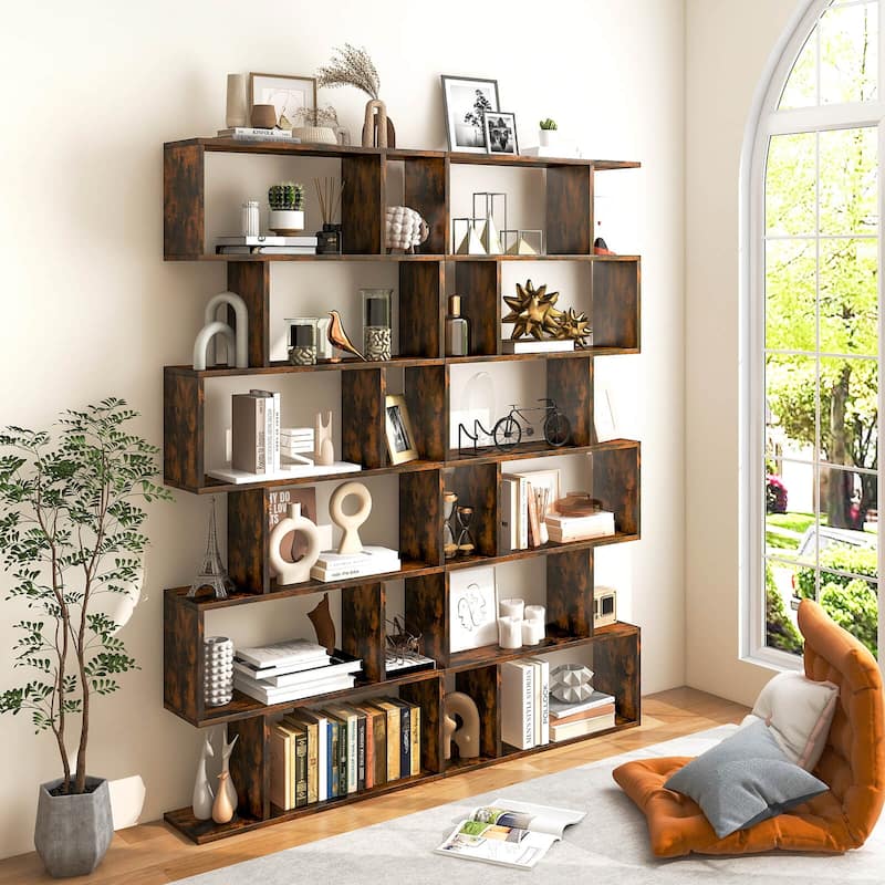 S-Shaped 6-Tier Freestanding Bookshelf with Open Storage Shelves for Living Room or Bedroom