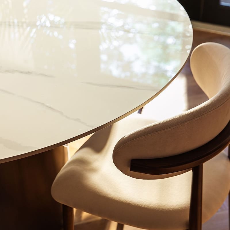 Modern Round Dining Table for Diningroom，White Glossy Stone Tabletop,Bronze Carbon Pedestal