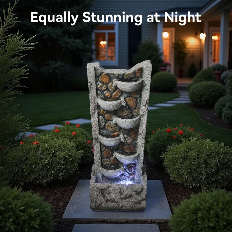 Outdoor 6-Tier Cascading Bowl Fountain in Marble-Style Resin with LED Lights – Elegant and Durable