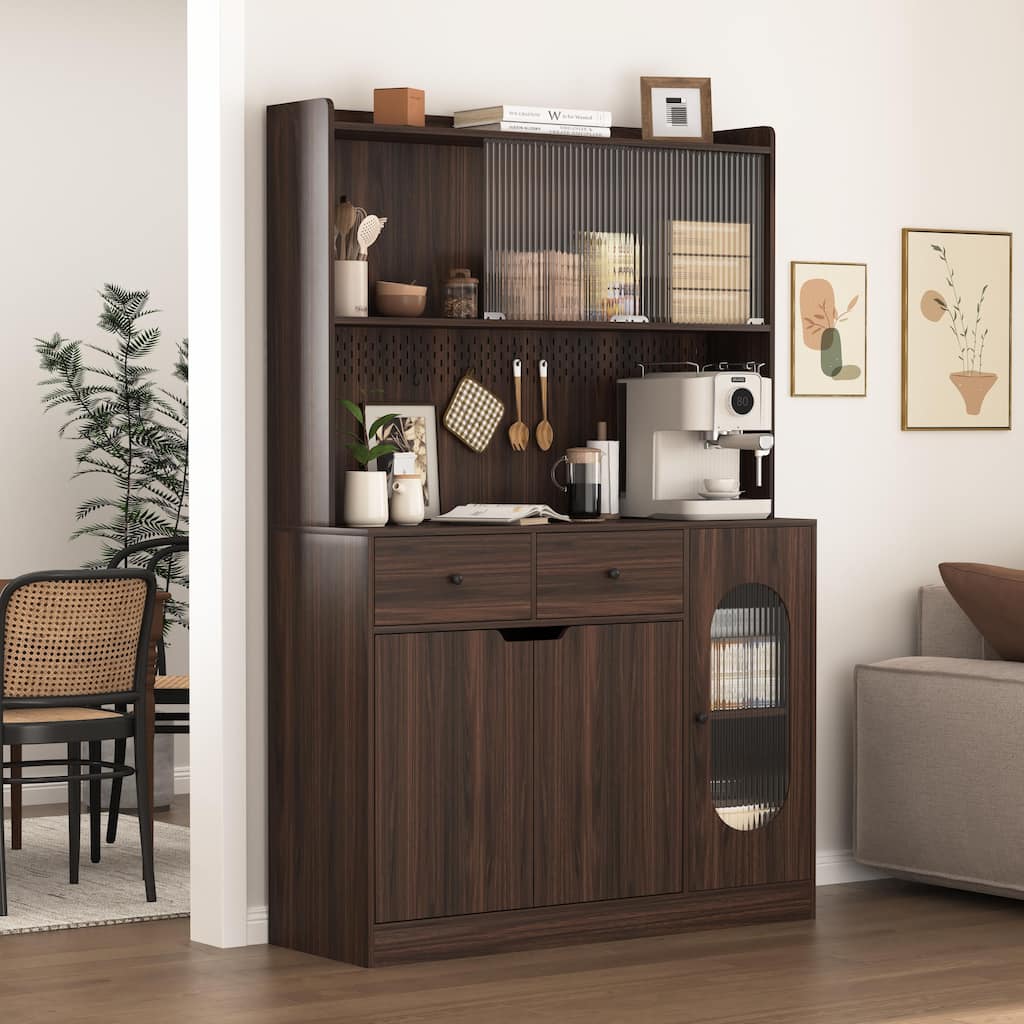 71" Tall Kitchen Pantry Cabinet with Reeded Glass Doors, Microwave Stand and Storage Shelves, Freestanding Bakers Rack Sideboard