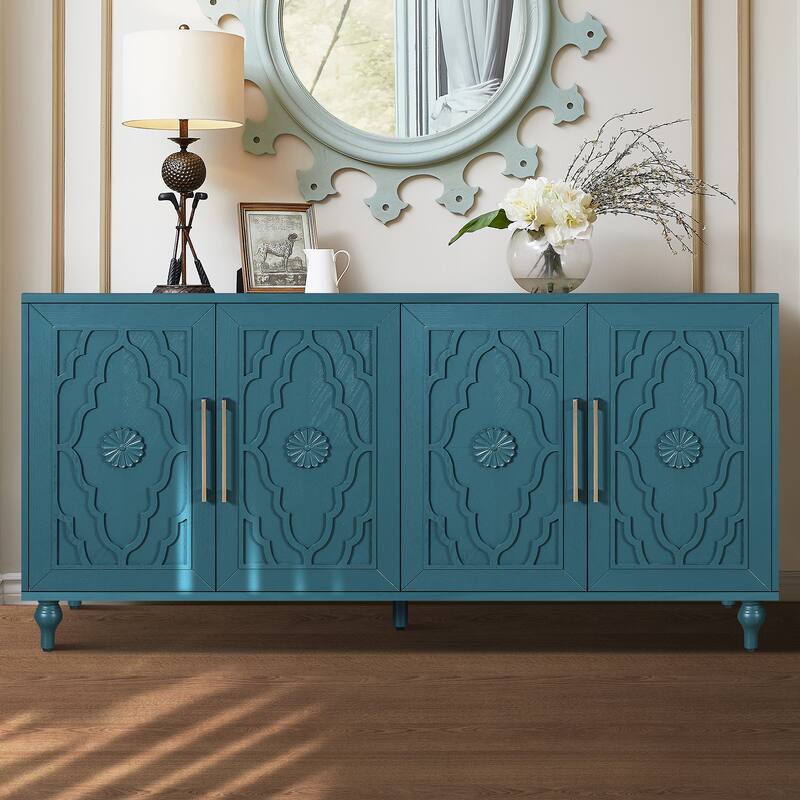 63'' Cabinet with Metal Handle, Carved Flower Doors, Mordern Sideboard Console with Adjustable Shelves for Living Room, Kitchen