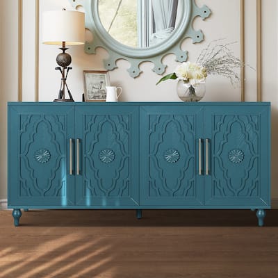 63'' Cabinet with Metal Handle, Carved Flower Doors, Mordern Sideboard Console with Adjustable Shelves for Living Room, Kitchen