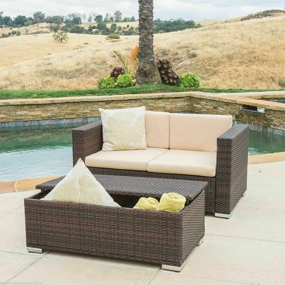 Outdoor Brown PE Wicker Loveseat Ottoman Set