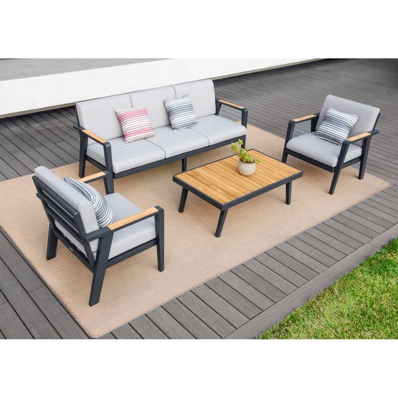 Emoti 4 Pieces Aluminum Outdoor Conversation Sets, Teak Tabletop by HIGOLD