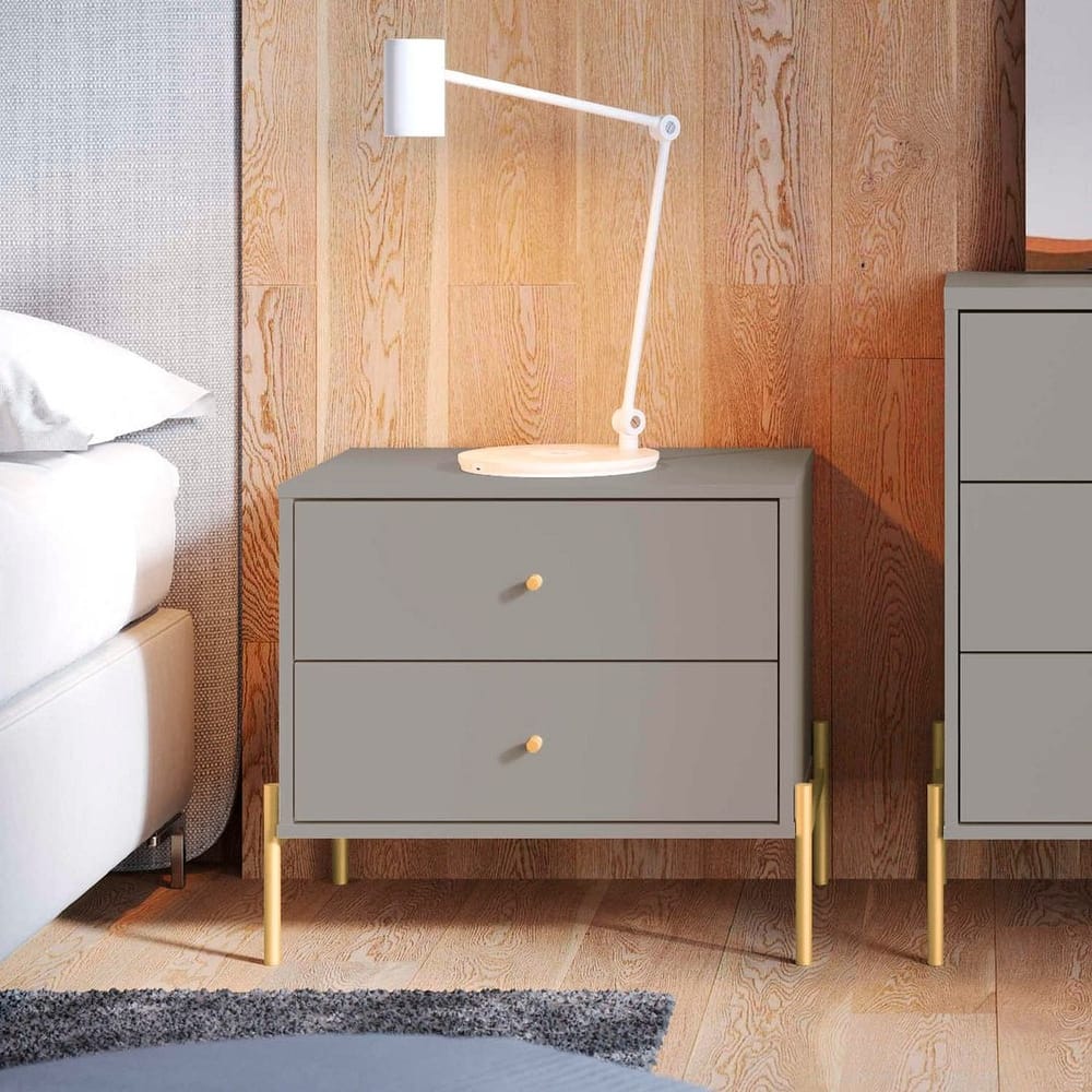 Manhattan Comfort Jasper Nightstand with Steel Gold Legs in White Gloss