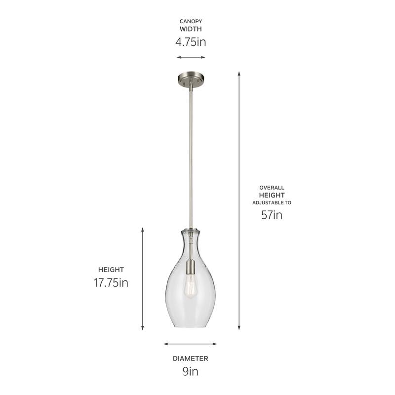 Kichler Lighting Everly 17.75 in. 1-Light Brushed Nickel Bell Pendant Light with Clear Glass