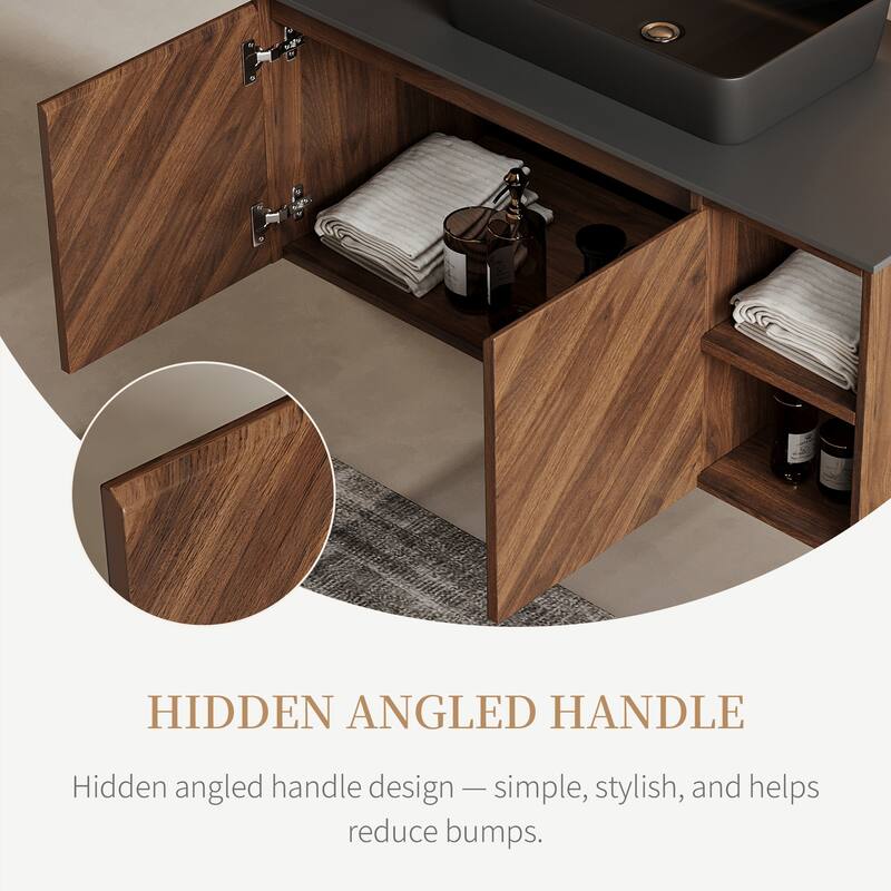 35.83'' Single Bathroom Vanity with Stone Top, Brown Wood, Black Vessel, Floading Vanities