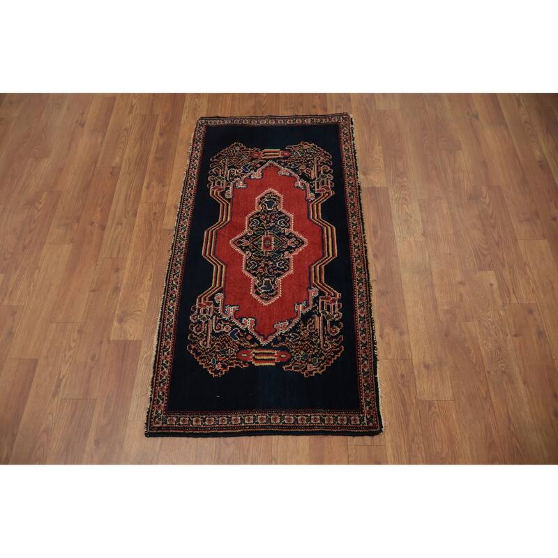 Hand Knotted Oriental 100% Wool Carpet Traditional Medallion Red Senneh Area Rug - 3' 6'' X 1' 9''