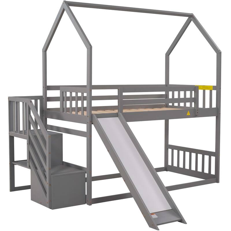 Twin Over Twin House Bunk Bed w/Convertible Slide & Storage Staircase
