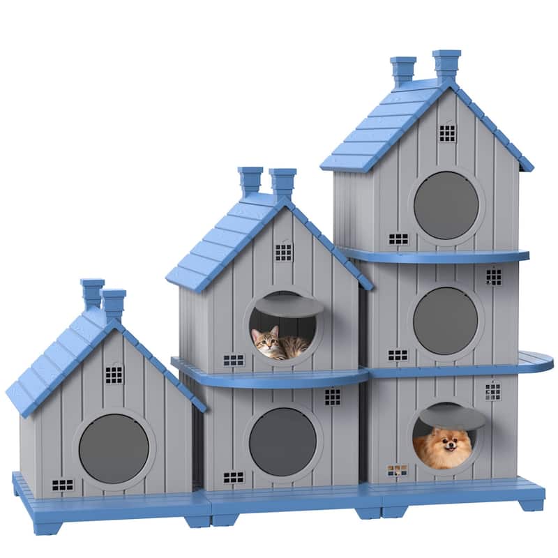 Slanted Roof Cabin Pet House with Porch, Multi-Level Stackable Shelter for Indoor Outdoor Use, for Cats Small Dogs Rabbits - Blue D