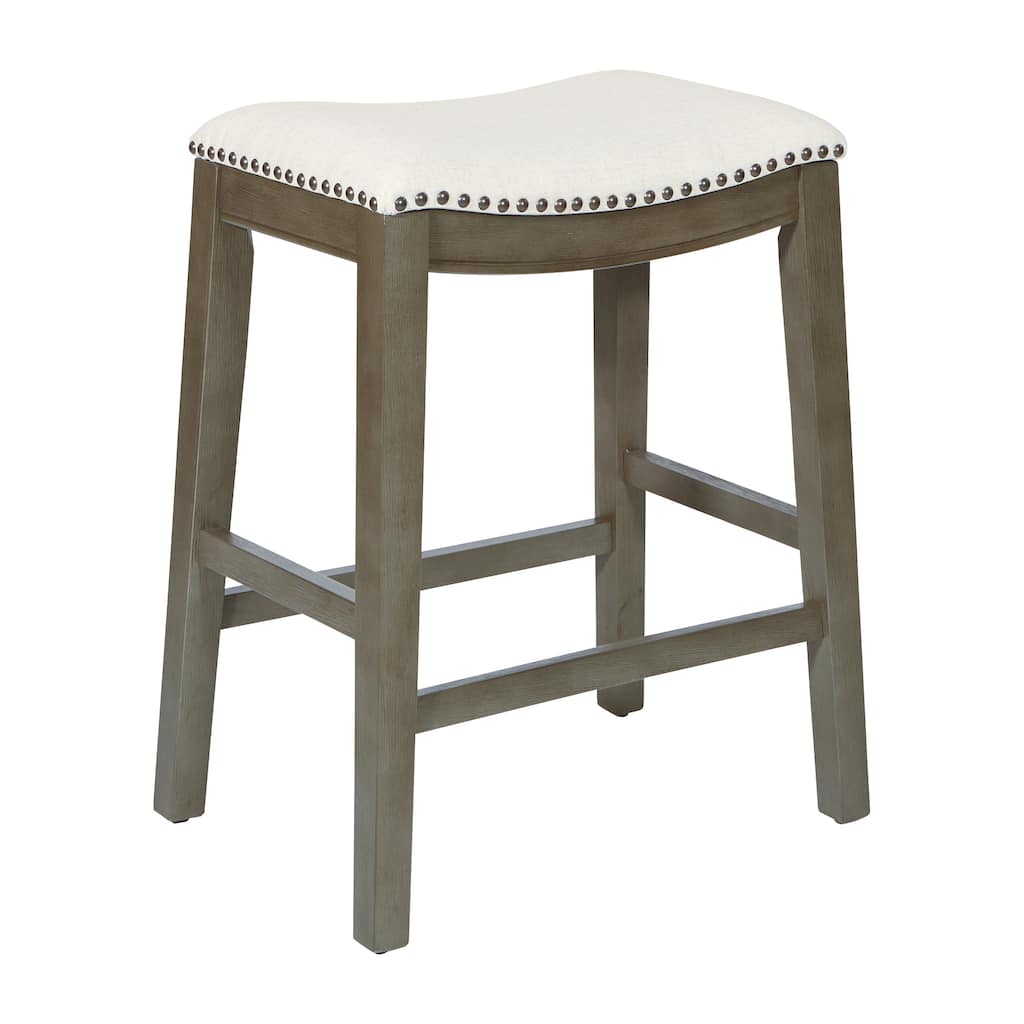 OS Home and Office Furniture Model Saddle Stool 24" in Beige Fabric and Antique Grey Base and Linen Fabric 2-Pack