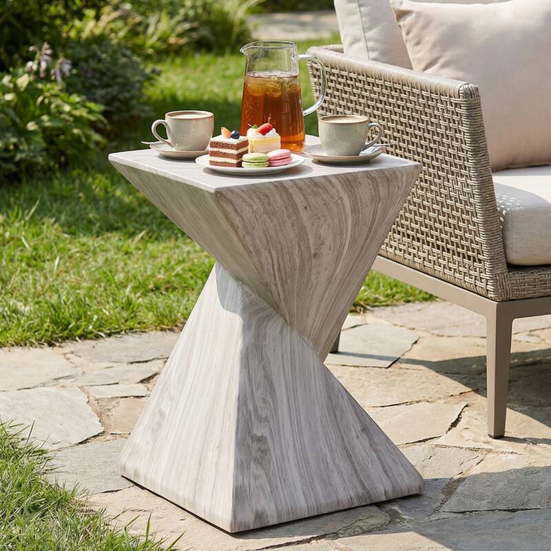 Christopher Knight Home - Modern Indoor/Outdoor 18.5"H Geometric Faux Marble MgO Accent Side Table with Sculptural Fluted Design - Beige Faux Marble