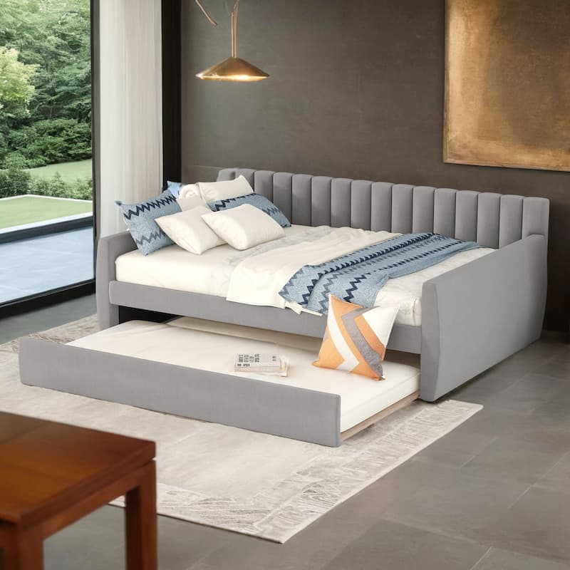Full Size Upholstered daybed with Trundle and Wood Slat Support - Gray