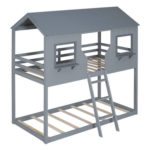 slide 2 of 11, Twin Over Twin Wood House Bunk Bed with Roof, Window, Guardrail, Ladder Grey Grey - Twin