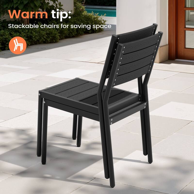 9PC Outdoor Patio Aluminum Dining X Frame Table and Stackable Chairs Set with Umbrella Hole