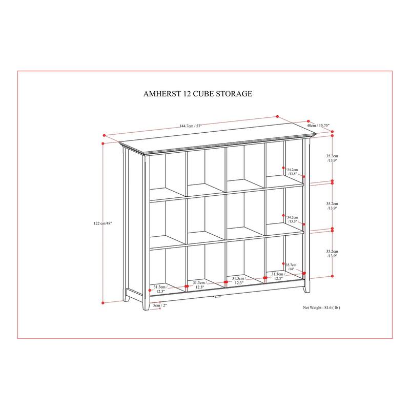 Halifax SOLID WOOD 48x57" Transitional 12 Cube Storage Bookcase in Hickory Brown - 15.75" D x 57" W x 48" H