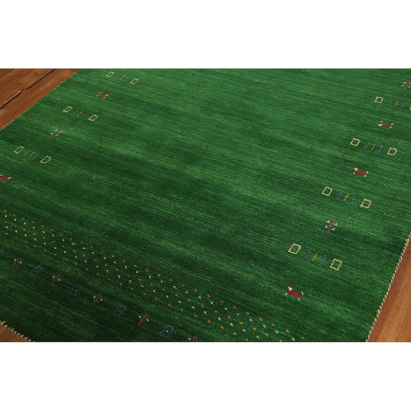 Green Gabbeh Oriental Rug Hand-Knotted Wool Carpet - 5'0" x 7'6"