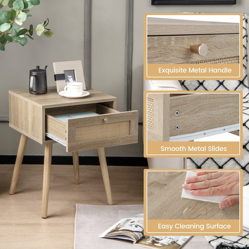 Set of 2 Natural Boho Nightstand with Rattan Drawer and Solid Wood Legs for Bedroom