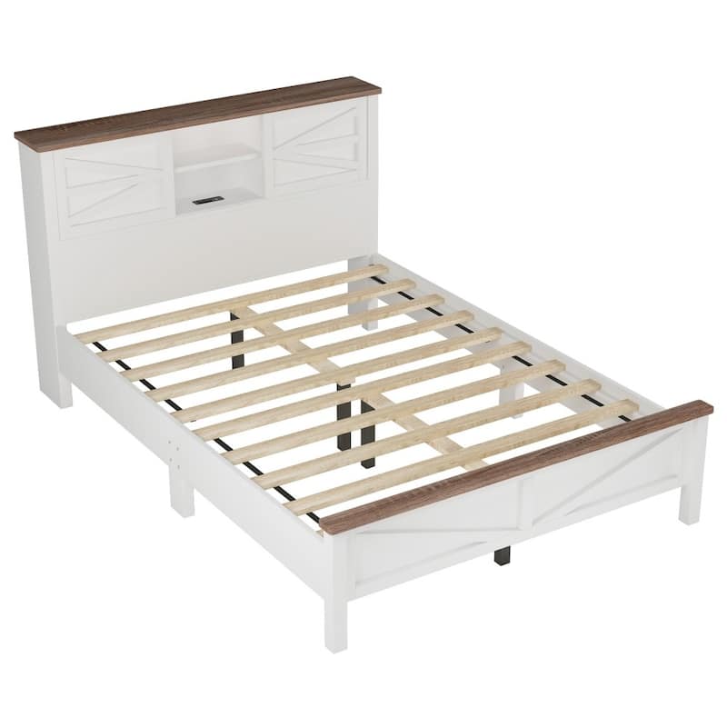 Farmhouse Queen Size Wood Platform Bed with Double Sliding Barn Door and USB Ports