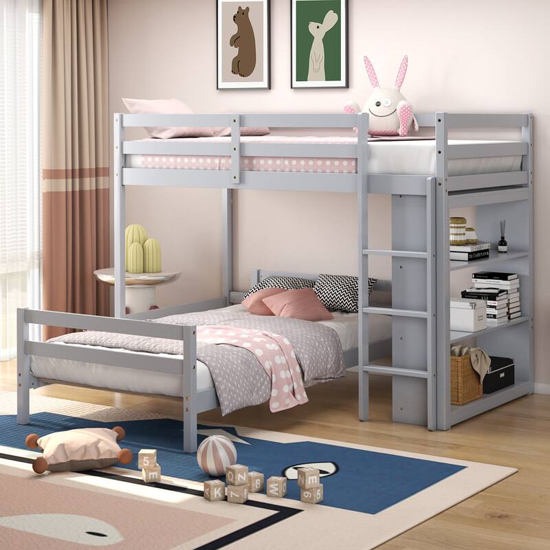 Costway Twin Over Twin Loft Bunk Bed Wood w/Bookcase Guardrail Ladder - 79.5'' x 44'' x 58.5'' - Grey