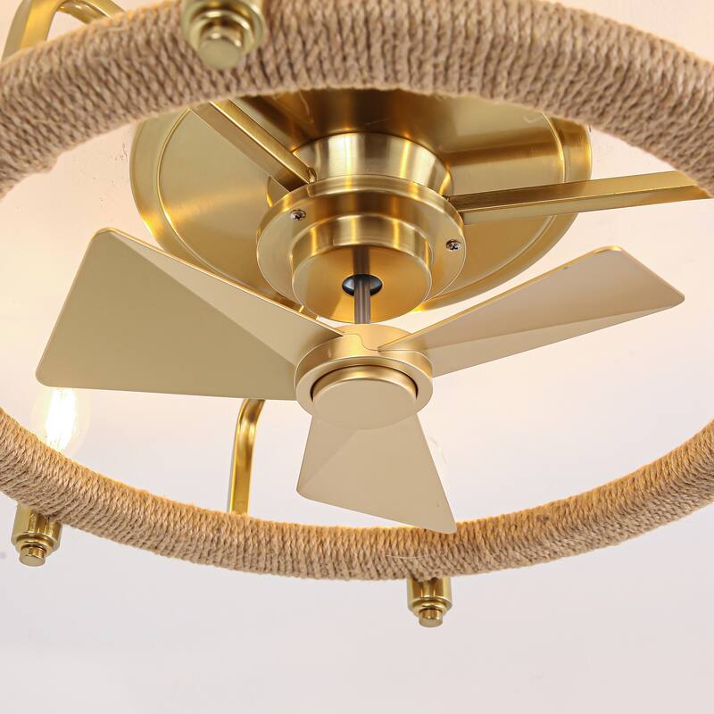 20.4" Gold Hemp Rope Chandelier Low Profile Caged Ceiling Fan with Light - 20.35 in. D x 20.35 in. W x 6.54 in. H