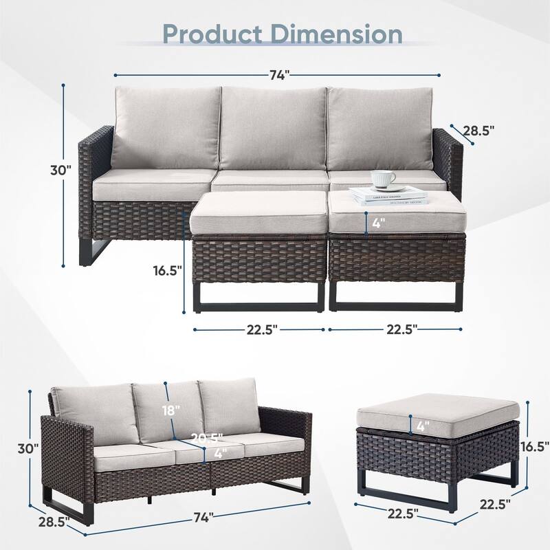 3 Pieces Outdoor Wicker Sofa with Ottomans Brown - Beige