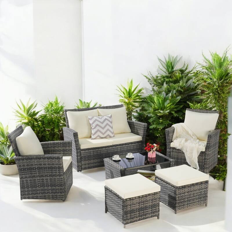 6-Piece Wicker Patio Furniture Set with Cushions & Coffee Table & Ottomans, Sofa for Outdoor Garden, Patio, or Balcony